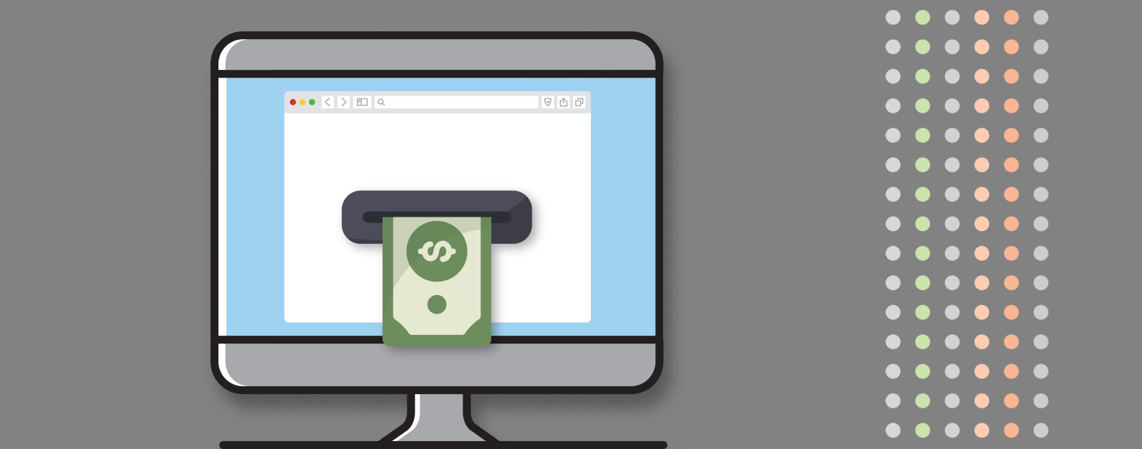 A computer screen appears to print money