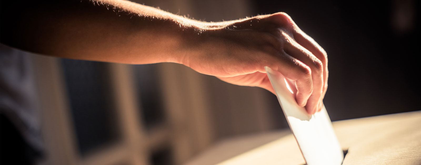 a hand puts a ballot in a ballot box